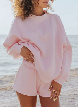 Relaxed Fit Round Neck Sweatshirt and Shorts Set