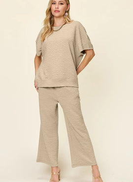 Double Take Full Size Texture Short Sleeve Top and Pants Set