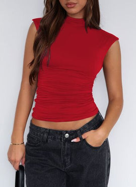 Ruched Mock Neck Sleeveless Tank Top