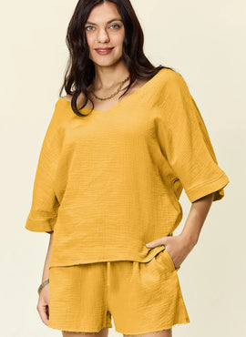 Double Take Texture Half Sleeve T-Shirt and Drawstring Shorts Set